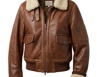 Vintage Braune Leder Bomberjacke, Klassischer Fliegermantel mit Warmen Lammfell Kragen und Manschetten