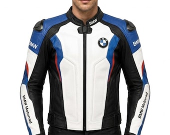 BMW Motorrad Leder Motorradjacke, Weiß Blau Schwarz Gepanzerte Schutzausrüstung