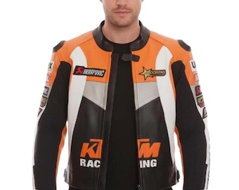 KTM Racing Leder Motorradjacke, Schwarz Orange Weiß Gepanzerte Reitschutzausrüstung