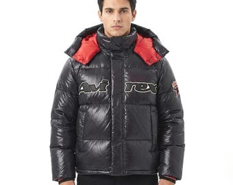 Avirex Black Stepper Jacket, glänzender, gefütterter Wintermantel mit Kapuze und mutigem Logo-Grafikdesign