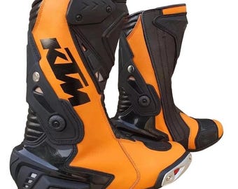 KTM Leather Motorcycle Boots, Orange Black Armored Protective Racing Gear for Track Road Use