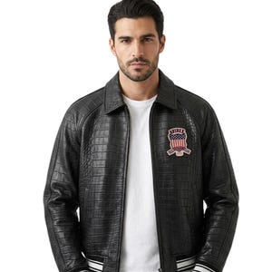 Black Croc Embossed Leather Jacket Men, Avirex Style USA Patch Bomber Leather Coat