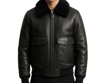 Schwarze Leder Bomberjacke, Klassischer Fliegermantel mit Warmer Schwarzer Lammfellkragen für Herren