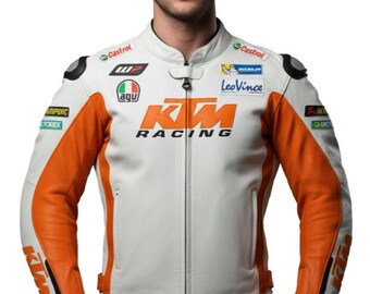 KTM Racing Leder Motorradjacke, Weiß Orange gepanzerte Schutzausrüstung für den Einsatz auf der Straße