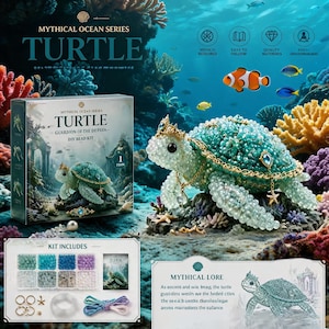 May include: A DIY bead kit for a turtle figurine from the Mythical Ocean Series. The kit includes various coloured beads, gold-toned chains, and a charm. The finished turtle is adorned with a crown and gold accents, displayed on a coral reef background.