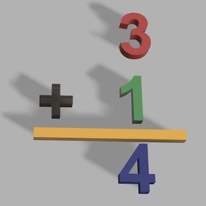 May include: A three-dimensional math equation featuring a red number 3, a green number 1, and a blue number 4. A black plus sign is positioned to the left of the number 1, and a horizontal yellow bar separates the numbers 3 and 1 from the number 4.