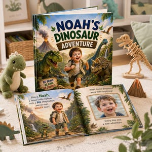 Peut inclure: Un livre pour enfants à couverture rigide intitulé Noah's Dinosaur Adventure montrant un jeune garçon courant avec des dinosaures dans un paysage préhistorique. Le livre ouvert présente des pages illustrées avec du texte et une photo.
