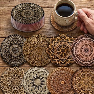 May include: A collection of circular coasters featuring intricate, multi-layered mandala patterns in various wood tones and black finishes. The set includes a stacked pile of coasters and several individual pieces displayed flat, showcasing detailed geometric carvings.