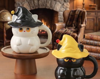 450ml Ghost Cat Ceramic Mug with Lid, Cartoon Anime Style Drinkware for Couples