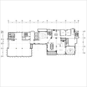 May include: A detailed architectural floor plan drawing in black and white, featuring a complex layout of rooms, corridors, staircases, and structural grid lines labeled with numbers 1 through 10 and letters A through H, indicating spatial organization.