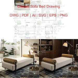 Luxury Classic Sofa Bed Structural Drawing with Perspective, Top View, Front View, Side View, Section and dwg ctb ai eps svg png Files