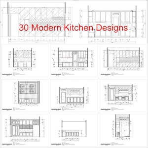 Könnte beinhalten: Eine Sammlung von architektonischen Grundrissen und Aufrisszeichnungen mit der Aufschrift 30 Modern Kitchen Designs. Das Dokument zeigt verschiedene technische Schwarz-Weiß-Layouts für Küchenschränke, Regale und Geräte mit detaillierten Maßen.