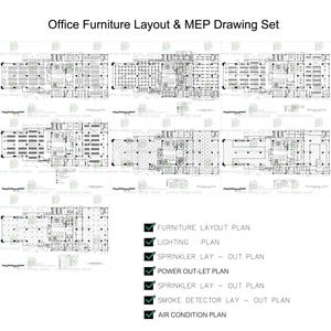 Office Furniture Layout Plan with HVAC Supply Air Diffusers Power Outlet Smoke Detector and Sprinkler System Drawing Set DWG PDF