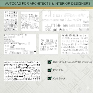 Könnte beinhalten: Eine digitale Sammlung von AutoCAD-Blöcken für Architekten und Innenarchitekten mit schwarz-weißen Strichzeichnungen von Möbeln, Personen und Bäumen. Der Text lautet AUTOCAD FOR ARCHITECTS & INTERIOR DESIGNERS, DWG File Format (2007 Version), PDF File und Cad Block.