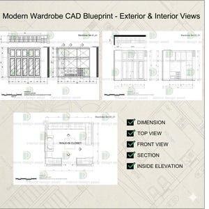 May include: A technical CAD blueprint titled Modern Wardrobe CAD Blueprint - Exterior & Interior Views, displaying architectural drawings of wardrobe sets with dimensions, top views, front views, sections, and inside elevations for a walk-in closet.