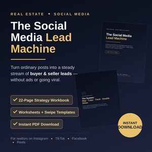 Puede incluir: Un libro de trabajo de estrategia digital titulado The Social Media Lead Machine para profesionales inmobiliarios. Incluye un manual de 22 páginas, hojas de trabajo, plantillas y una descarga instantánea en PDF para Instagram, TikTok y Facebook.