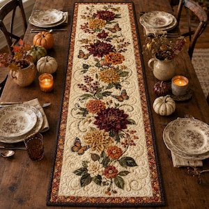 Floral Quilted Table Runner, Autumn Thanksgiving Decor, Rustic Farmhouse Linen