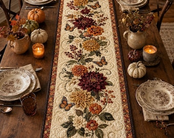 Gesteppter Tischläufer mit Blumenmuster, Herbstliche Thanksgiving-Dekoration, Rustikale Tischwäsche im Landhausstil