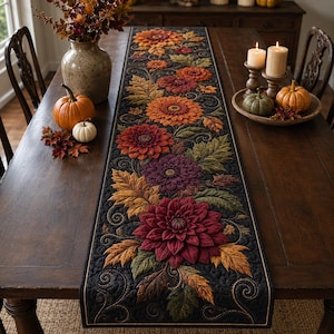 Floral Dahlia Quilted-Style Table Runner, Autumn Thanksgiving Decor