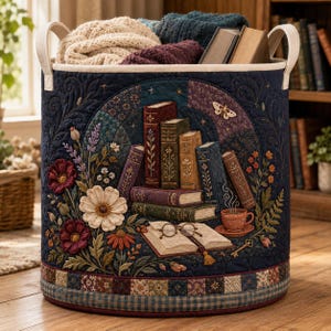 May include: A cylindrical fabric storage basket with cream-coloured handles, featuring a quilted dark blue exterior decorated with embroidered flowers, a stack of books, an open book with glasses, a teacup, a moth, and a key, filled with folded textiles.