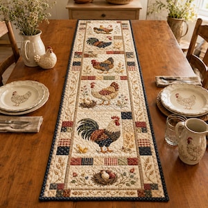 May include: A rectangular quilted table runner featuring a repeating pattern of roosters, hens, and nests in shades of red, blue, and brown on a cream background. The runner is bordered by a dark blue fabric and includes small square patchwork accents.