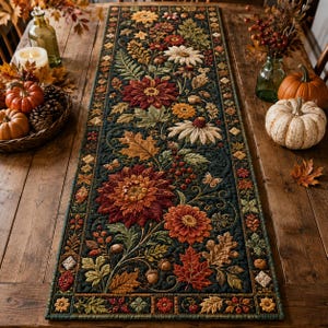Autumn Floral Linen Table Runner, Quilted Thanksgiving Decor, Dark Green Maple Leaf Runner