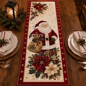 Santa Claus Poinsettia Quilted-Style Table Runner, Holiday Winter Decor