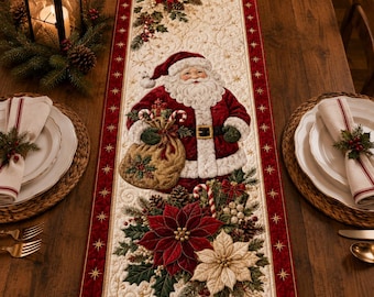 Caminho de mesa estilo patchwork com Papai Noel e poinsétias, decoração natalina de inverno.
