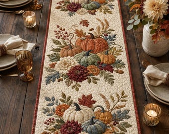 Quilted-Style Table Runner, Autumn Floral Pumpkins, Rustic Farmhouse Thanksgiving Decor