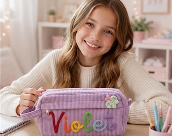 Personalized Pencil Case for Kids, Handmade Yarn Name Corduroy Pouch, School Organizer, Christmas Gift
