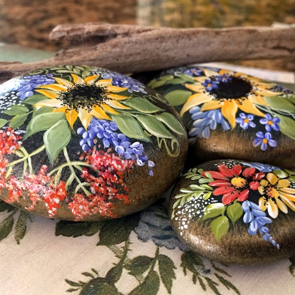 Painted Rocks, Sunflower Rock, Trio Set of 3