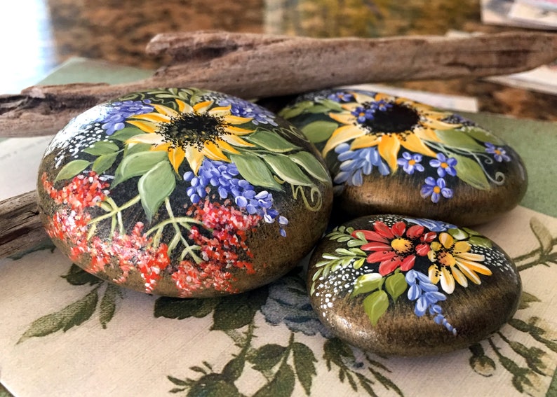 Painted Rocks Sunflower Rock Trio Set of 3 image 0