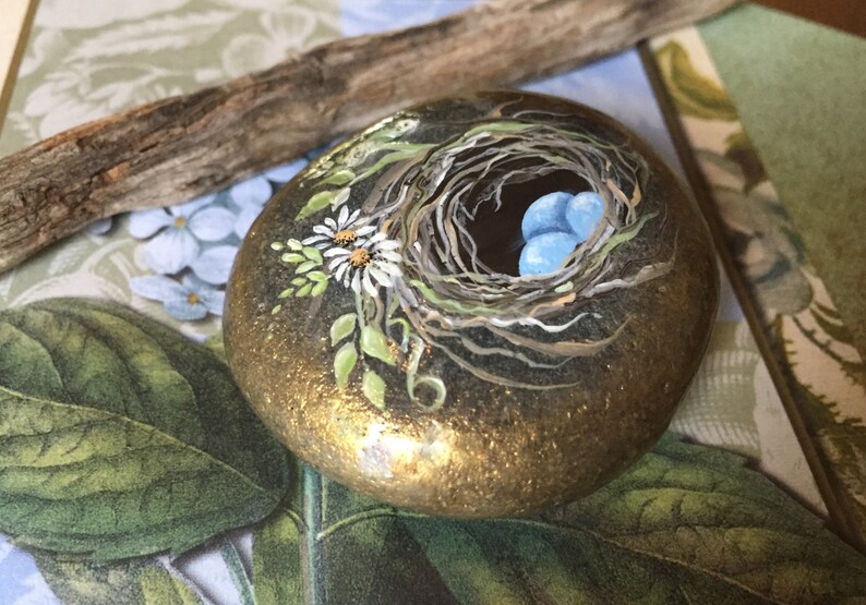 Hand Painted Rock Painted Bird Nest Rock Art Paperweight image 0