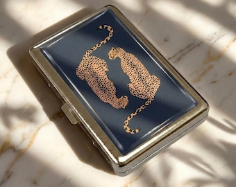 Golden Leopard Chain Cigarette Case, Metal Joint Holder, Luxe Navy Glam Art, Vintage King Size 100s Tin, Card Wallet, Glam Gift for Her