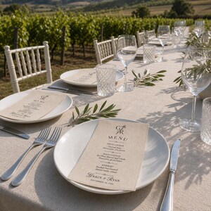 Natural Linen Wedding Menu Card—Featuring a personalized deckle-edge design and custom monogram; the perfect choice for your reception.