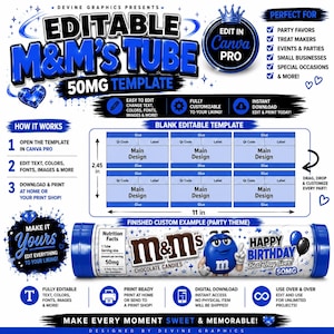 Könnte beinhalten: Eine digitale Vorlage für ein M&M's-Röhrchen-Etikett mit blau-weißen Grafiken. Das Layout enthält Anleitungen, eine leere Vorlage von 6,22 cm x 27,94 cm und ein fertiges Beispiel mit einer blauen M&M-Figur und Geburtstagstext.