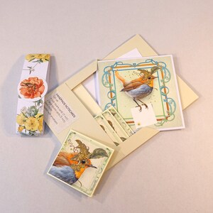 Afdrukbare vogelkaart / presentatie cadeaupakket, jan-van-genten / roodborstjes, crafting notecard gift pack kit, dank u kaarten afdrukbaar, doordacht cadeau