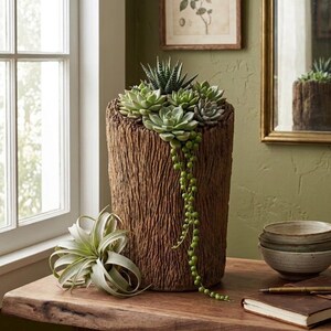 May include: A cylindrical planter with a textured brown bark-like exterior containing a cluster of green succulents and a trailing string of pearls plant. A separate air plant sits at the base of the planter on a wooden surface.