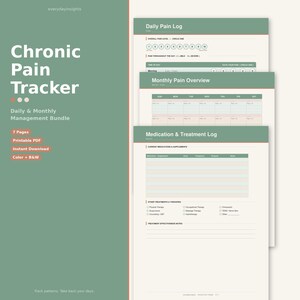 Op de afbeelding: Een Chronic Pain Tracker-bundel met zeven printbare pagina's met saliegroene koppen. De documenten bevatten een dagelijks pijnlogboek, een maandelijks pijnoverzicht en een logboek voor medicatie en behandelingen om symptomen bij te houden.