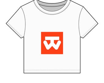 White Tee with Orange Square Logo, Cropped Baby Tee