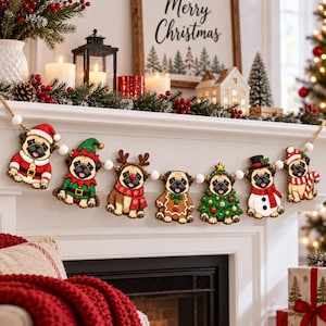 May include: A decorative garland featuring seven pug dog ornaments strung on a rope with white beads. The pugs are dressed in various holiday costumes including a Santa suit, elf outfit, reindeer antlers, gingerbread man, Christmas tree, snowman, and a Santa hat with a candy cane.