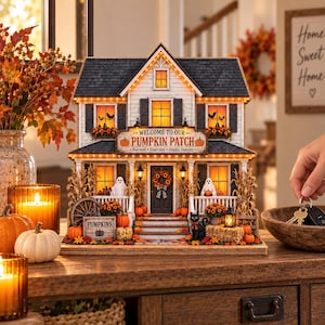 Può includere: Una decorazione a forma di casa in miniatura a due piani con un cartello che recita WELCOME TO OUR PUMPKIN PATCH, HARVEST, HAYRIDES, HAPPY HAUNTS. La struttura presenta finestre illuminate, fantasmi, un gatto nero, zucche e balle di fieno.