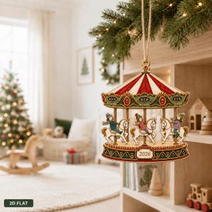 May include: A flat, hanging Christmas ornament shaped like a carousel with a red and white striped roof. It features three white horses with riders in winter clothing and the year 2026 printed on the base. The ornament is made of wood.