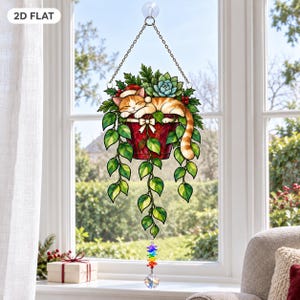 Christmas Cat Acrylic Window Hanging, Sleeping Orange Tabby in Plant Pot, Stained Glass Style, Cat Lover Gift, Plant Lover Gift