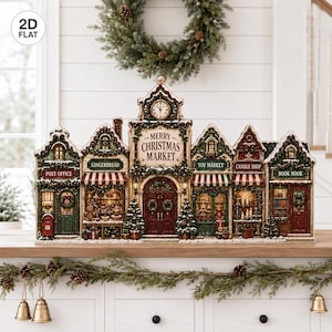 May include: A 2D flat decorative Christmas market display featuring a central clock tower and five storefronts labeled Post Office, Gingerbread, Toy Market, Candle Shop, and Book Nook. The structure is adorned with festive greenery and lights.