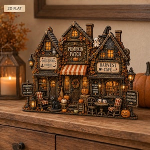 Puede incluir: Una decoración de mesa iluminada y detallada que representa un edificio de varias plantas con letreros de Pumpkin Patch, Spellbound Stories y Harvest Cafe. La estructura está decorada con calabazas en miniatura, hojas de otoño, un gato negro y un fantasma.