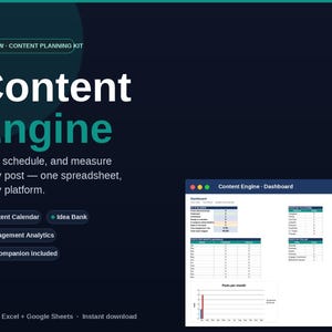 以下が含まれることがあります： ダークな背景に白とティール色のテキストで構成されたContent Engineというデジタルコンテンツ計画キット。投稿やエンゲージメント、分析を追跡するための表や棒グラフを含むダッシュボードのスプレッドシートが表示されています。