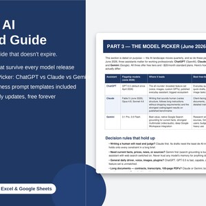 May include: A digital guide titled The AI Field Guide with a dark blue background and white text. It features a comparison table titled Part 3 - The Model Picker (June 2026) evaluating ChatGPT, Claude, and Gemini models, plus bulleted lists of features.