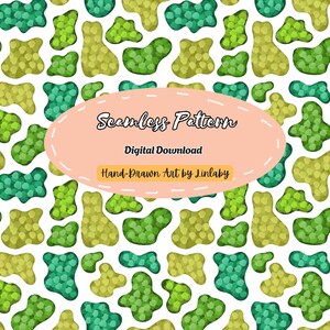 May include: A seamless pattern featuring irregular, rounded shapes in shades of lime green, olive green, and dark teal on a white background. A central peach-colored oval contains the text Seamless Pattern, Digital Download, Hand-Drawn Art by Linlaby.