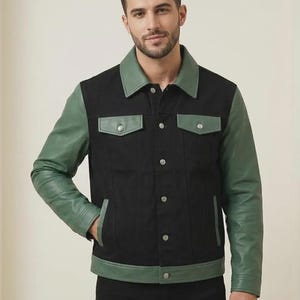 Chaqueta vaquera verde con mangas de cuero para hombre, chaqueta vaquera negra con mangas de cuero, chaqueta estilo western, regalo para él.
